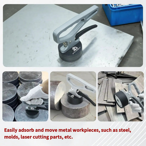 Heavy Duty Magnetic Pickup Tool With Quick Release Handle lifting metal plates, showcasing easy material handling and precise placement.