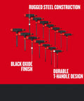 14 Piece Hex Key Set With T Handle For Max Torque And Leverage, Black Oxide Steel L Keys in organized formation on red background