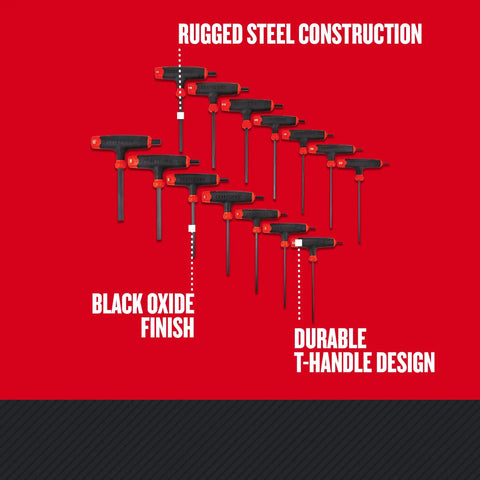 14 Piece Hex Key Set With T Handle For Max Torque And Leverage, Black Oxide Steel L Keys in organized formation on red background