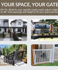 Collage of deck gates showcasing Adjustable Aluminum Deck Gate Kit In White For One And A Half Inch Pickets Fits Openings Up To 48 Inches Cut To Height For Custom Decks Hardware Mounted With Hinges And Latch Left Or Right Swing