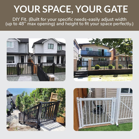 Collage of deck gates showcasing Adjustable Aluminum Deck Gate Kit In White For One And A Half Inch Pickets Fits Openings Up To 48 Inches Cut To Height For Custom Decks Hardware Mounted With Hinges And Latch Left Or Right Swing