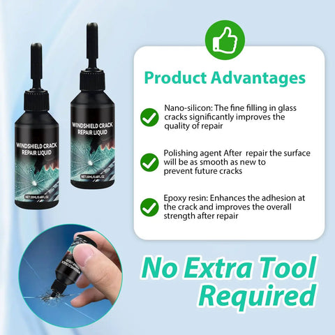 Windshield Chip And Crack Repair Kit For Cars With Nano Fluid displayed with product advantages and no extra tool required.