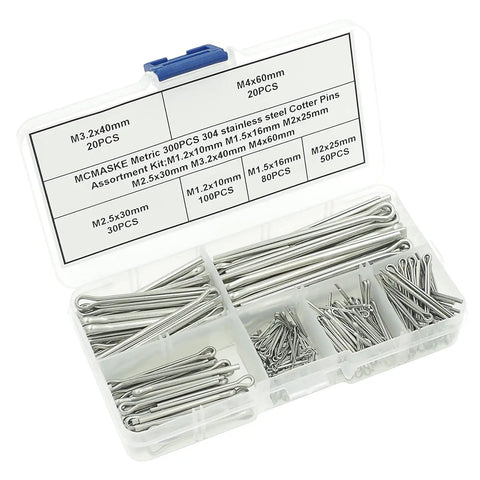 Beefy 304 Stainless Steel Cotter Pins Kit 300 Piece Split Pins Assortment in organizer box showing size labels and compartments