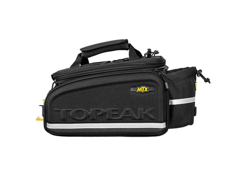 Side view of MTX Trunk Bag DXP For Bikes, Built To Haul Big Gear, 22.6L Expandable Top With Side Panniers, weatherproof material.