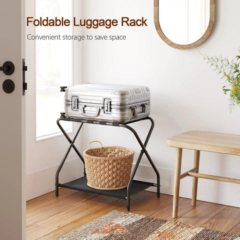 Heavy Duty Foldable Luggage Rack Set Of Two Built Tough Metal Suitcase Stands For Travelers Non Slip Nylon Straps Compact Portable Bag Holders For Guest Rooms Keeps Your Gear Neatly Elevated No Sweat Setup Required Ever