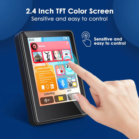 Bluetooth MP3 Player With Built-In Speaker For Kids showing 2.4 inch TFT color screen with touch control