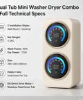 Super Compact Dual Tank Mini Washing Machine With Auto Wash And Dry Settings Ideal For Dorm Life And Studio Apartments Hassle Free Laundry Day In Crisp White control panel and dimensions.