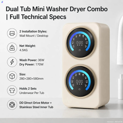 Super Compact Dual Tank Mini Washing Machine With Auto Wash And Dry Settings Ideal For Dorm Life And Studio Apartments Hassle Free Laundry Day In Crisp White control panel and dimensions.
