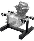 Beefy Heavy Duty Motorcycle Engine Stand With 1000 Pound Capacity, black steel frame with adjustable motor mounts and engine.
