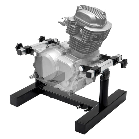 Beefy Heavy Duty Motorcycle Engine Stand With 1000 Pound Capacity, black steel frame with adjustable motor mounts and engine.