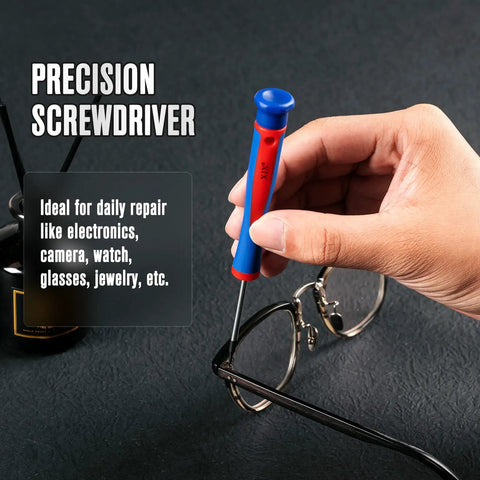 Hand using precision driver from 21 Piece Magnetic Screwdriver Set With Cushion Grip Includes Phillips Slotted Torx Precision Drivers Pro Grade Quality With Tester And Magnetizer For DIY Projects And Tech Repairs on glasses