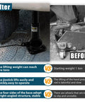 Before and after comparison of Beefed Up 2 Ton Heavy Duty Spiral Bottle Jack And Stand Combo lifting a truck, showing stability and ease of use.
