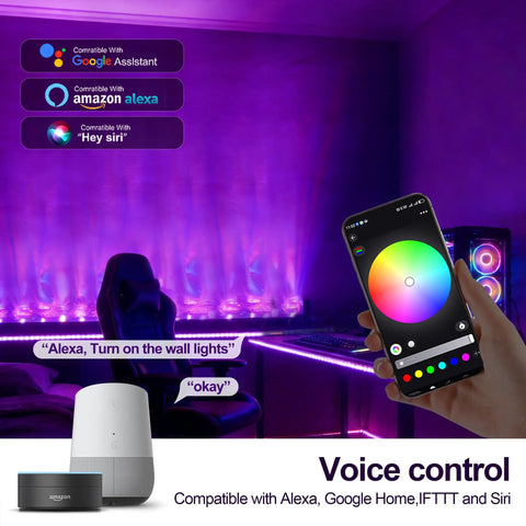 Smart RGBW Wave Wall Light With Water Ripple Projector in purple, controlled by phone app with voice command icons, ambient room setup.