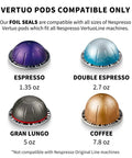 Four types of Nespresso Vertuo pods: Espresso, Double Espresso, Gran Lungo, and Coffee, showing sizes and colors.