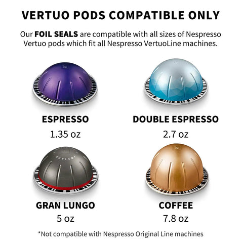 Four types of Nespresso Vertuo pods: Espresso, Double Espresso, Gran Lungo, and Coffee, showing sizes and colors.