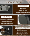 Product details of Automatic 58MM Electric Coffee Tamper featuring adjustable stand and anti-slip feet for stability.