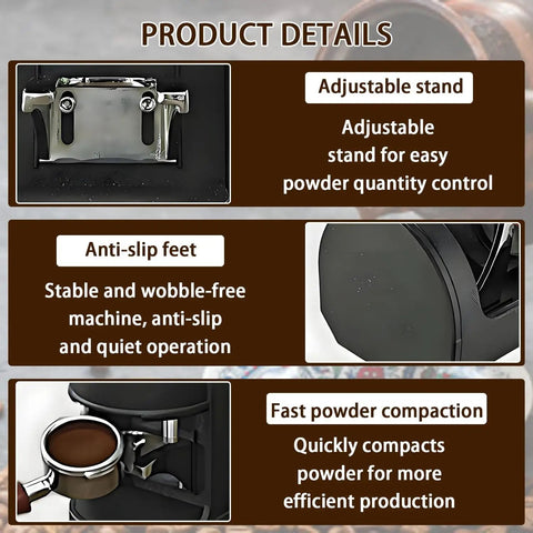 Product details of Automatic 58MM Electric Coffee Tamper featuring adjustable stand and anti-slip feet for stability.