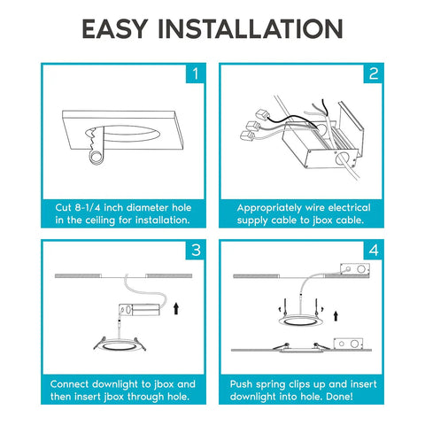 Installation steps for 4 Pack 8 Inch Ultra Thin LED Recessed Lights With J-Box, Dimmable Wafer Lighting