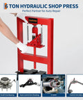 6 Ton Hydraulic H Frame Shop Floor Press For Auto Repair And Metalwork, Heavy Duty Beast, Garage Ready Beefy Build, Precise Alignment, Carbon Steel Construction, Powder Coated Finish, Industrial Grade Stability, red H-frame shop press in use