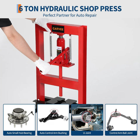 6 Ton Hydraulic H Frame Shop Floor Press For Auto Repair And Metalwork, Heavy Duty Beast, Garage Ready Beefy Build, Precise Alignment, Carbon Steel Construction, Powder Coated Finish, Industrial Grade Stability, red H-frame shop press in use