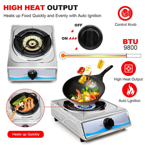 Portable Stainless Steel Single Burner Gas Stove With Auto Ignition Delivers 9800 BTU Per Hour For Quick Even Heating Lightweight LPG Cooktop For RVs Camping Apartments And Outdoor Cooking