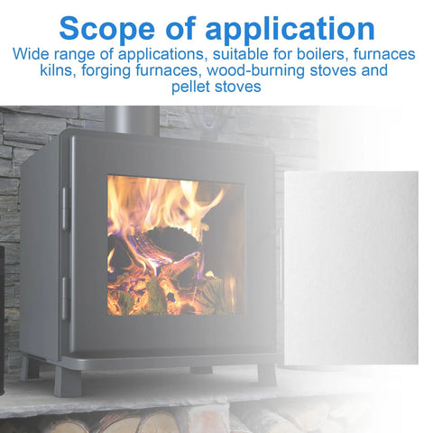 Gasket paper, 1/8 in thick, 7 × 10 in ceramic fiber, for wood and pellet stoves; shown beside a stove.