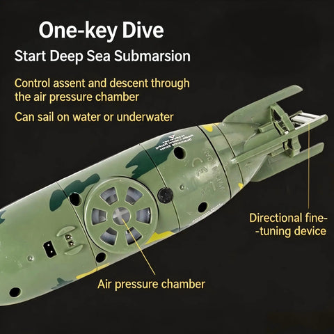 Mini RC Submarine Remote Control Boat Waterproof 6 Channel Military Style with air pressure chamber and fine-tuning device