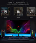 GS520 RGB Desktop Speakers 2.0 Channel PC Computer Stereo System with LED showing gaming and music setup