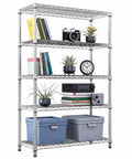 Five Tier Heavy Duty Wire Shelving Unit Adjustable Metal Storage Rack Tough As Nails Handles Massive 1750 Pound Loads with books and plants