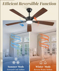 Slick 52 Inch Ceiling Fan With Flat Out Bright Light Smart App Control Dimmable Lamps showing reversible modes for summer and winter.