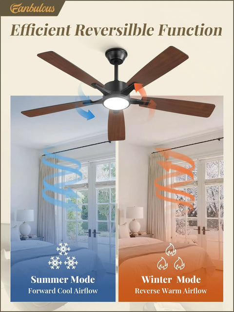 Slick 52 Inch Ceiling Fan With Flat Out Bright Light Smart App Control Dimmable Lamps showing reversible modes for summer and winter.