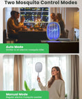 Portable 2 In 1 Electric Fly Swatter Bug Zapper Racket With Purple Light Attractant on table and in use by woman indoors