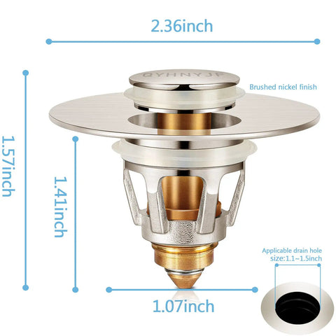 Brushed Nickel 2 In 1 Pop Up Sink Stopper And Strainer For Universal Bathroom Drain Fits 1.1 To 1.5 Inch Pipes Keeps Hair Out Easy Install Leak Proof Drain with measurements.
