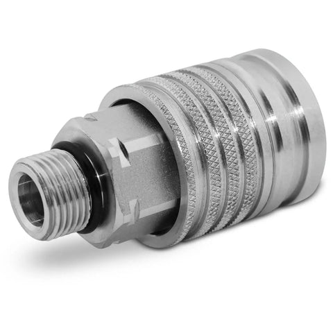 Close-up of a coupler component from Three Circuit Hydraulic Multiplier Kit With Selector Valve Couplers And Switch Box Control Built For Open Or Closed Or FPC Systems Up To 3000 PSI Anodized Body All Weather Tough Pro Grade Heavy Duty 12V DC Solenoids.
