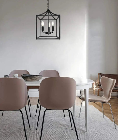 Dining room with plug in black farmhouse pendant chandelier with dope industrial rustic vibe 3 light fixture on a 16.8 ft hanging cord.