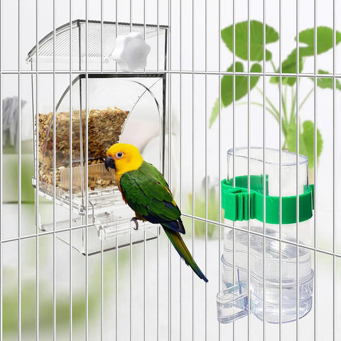 Hassle Free Bird Feeder And Water Dispenser Set Featuring Clear Acrylic Jar And Secure Perch For Parakeets Budgies And Lovebirds in cage