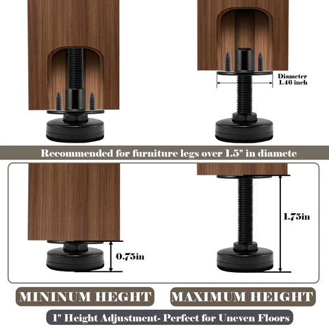 Heavy Duty Adjustable Leveling Feet Four Pack With One Inch Height Adjustment And Three Eights By Sixteen Thread Solid Steel Furniture Glides showing height adjustment range of 0.75in to 1.75in.