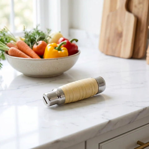 Replacement Knife Handle For Kitchen Knives, Non Slip Wood Grip Round Handle on kitchen counter with vegetables in background