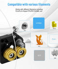 Beefed Up All Metal Filament Drive Upgrade Two Pack Nickel Plated Hardened Steel Extruder Gears Kit For Creality K1 K1 Max K1C And Ender Series Heat Treated To 55 HRC For Durability, showing gears compatible with various filaments.