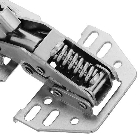 Close-up of Beefy Heavy Duty RV Cabinet Door Hinge For Camper Cabinets With Hydraulic Soft Close And Fixed Angle Steel Replacement Hardware