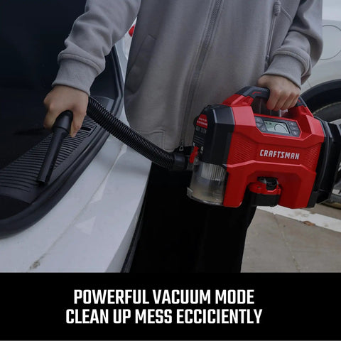 User holding Plug And Play Three In One Portable Air Compressor Tire Inflator And Car Vacuum With Knockout 160 Psi Pressure And Quick Blast 20k Rpm Blower setup for cleaning.