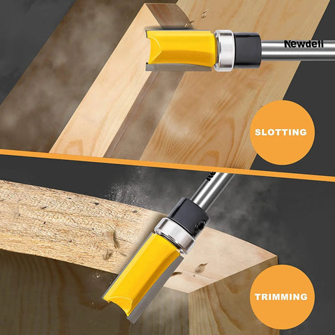 Pattern flush-trim router bit with bearing from Newdeli; two-panel front and side view, yellow cutter for wood trimming