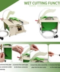 Heavy Duty 1380W Lapidary Saw Kit with water-cooled table setup for gem cutting, showing wet cutting function and connection steps.