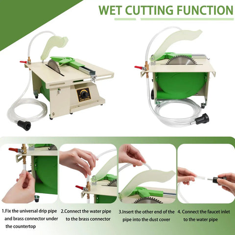 Heavy Duty 1380W Lapidary Saw Kit with water-cooled table setup for gem cutting, showing wet cutting function and connection steps.