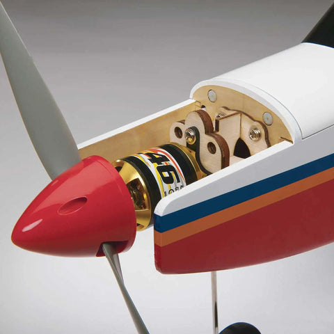 Close-up of Avistar Elite 46-Size Almost Ready To Fly Advanced RC Trainer Airplane's engine and propeller assembly