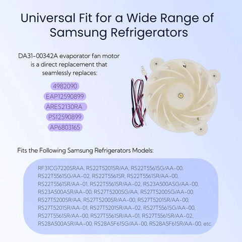 Samsung Refrigerator Evaporator Fan Motor DA31-00342A Direct Replacement with wiring, compatible models listed