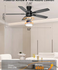 Sleek 52 Inch Low Profile Ceiling Fan In Matte Black With Bright SMD LED Lights Riding On A Dead Silent Reversible DC Motor Controlled Easy By Smart App Or Hand Held Remote, showcasing powerful airflow.