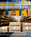 Warehouse storage with stacked packages labeled "UECOOR" highlighting one-stop multi-parcel distribution service