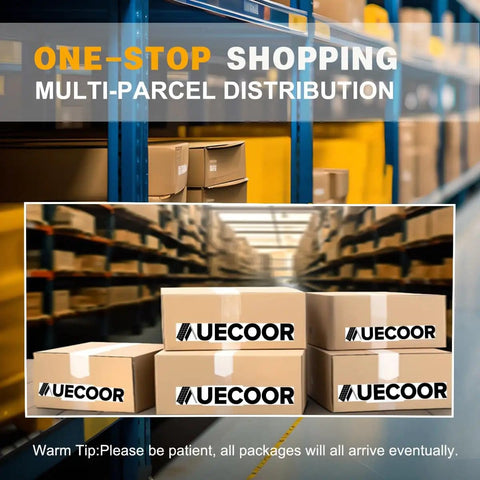 Warehouse storage with stacked packages labeled "UECOOR" highlighting one-stop multi-parcel distribution service