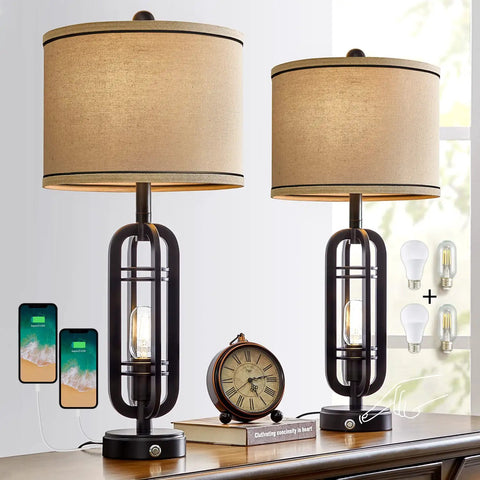 3 Way Dimmable Modern Touch Control Table Lamp Set Of 2 Vintage Farmhouse Rustic Bedside Lamps With Dual USB Ports 27.25 Inch Tall